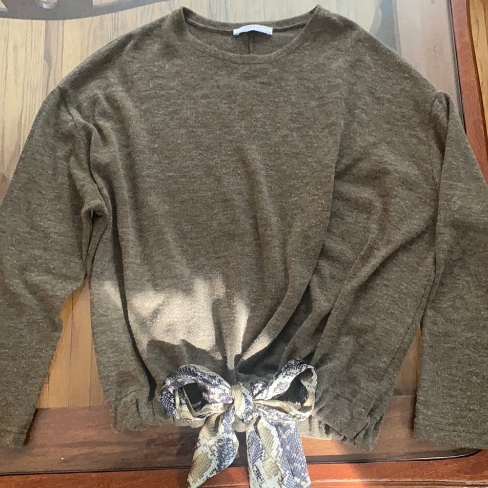 Zara Brown Crew Neck Sweater with Tie Detail